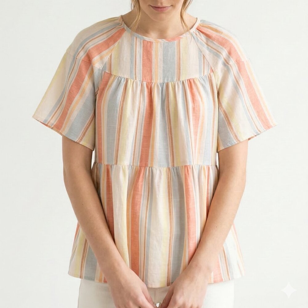 A.N.A. Blouse Orange Stripes Peasant Boho Festival Casual L